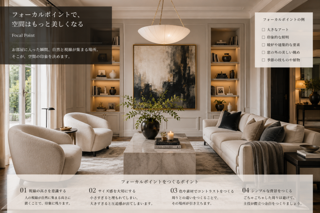 大きなアートをフォーカルポイントにした海外風リビングインテリア